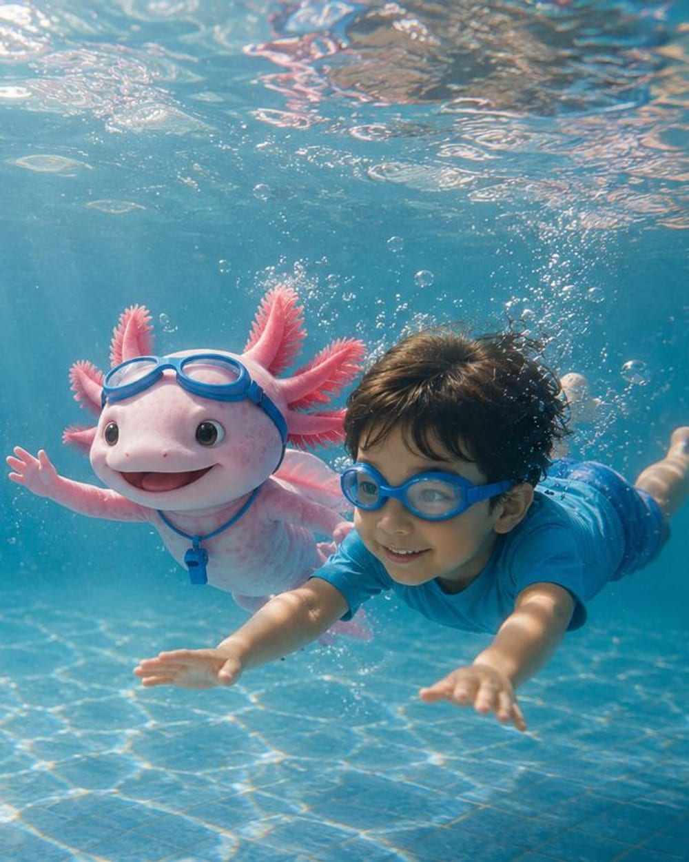 A SplashNSwim teacher supporting a young swimmer with a kickboard in a calm indoor pool